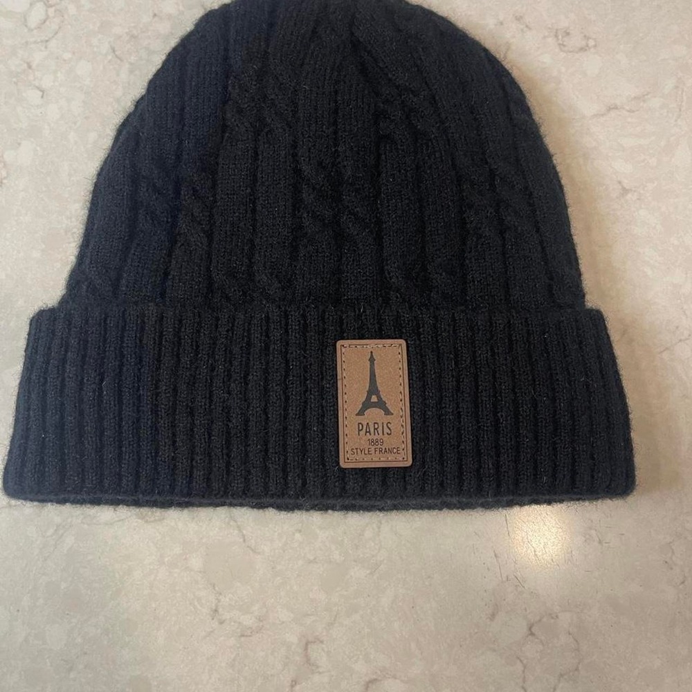 Paris 1889‎ Style France Black Cable Knit Beanie Sherpa Lined Winter Hat
